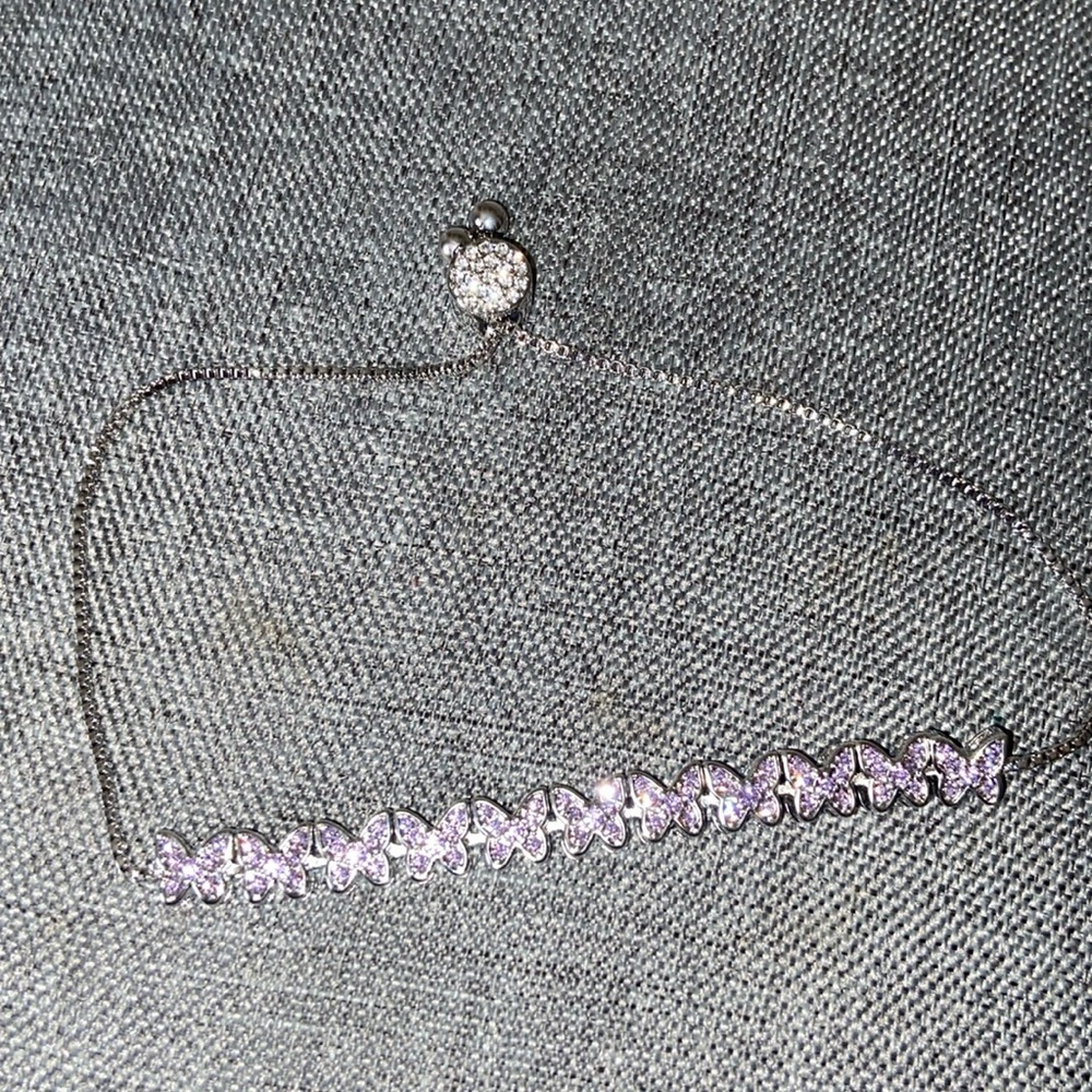 NWTs Silver Plated Purple Rhinestoned Butterflies Bracelet with Toggle Clasp